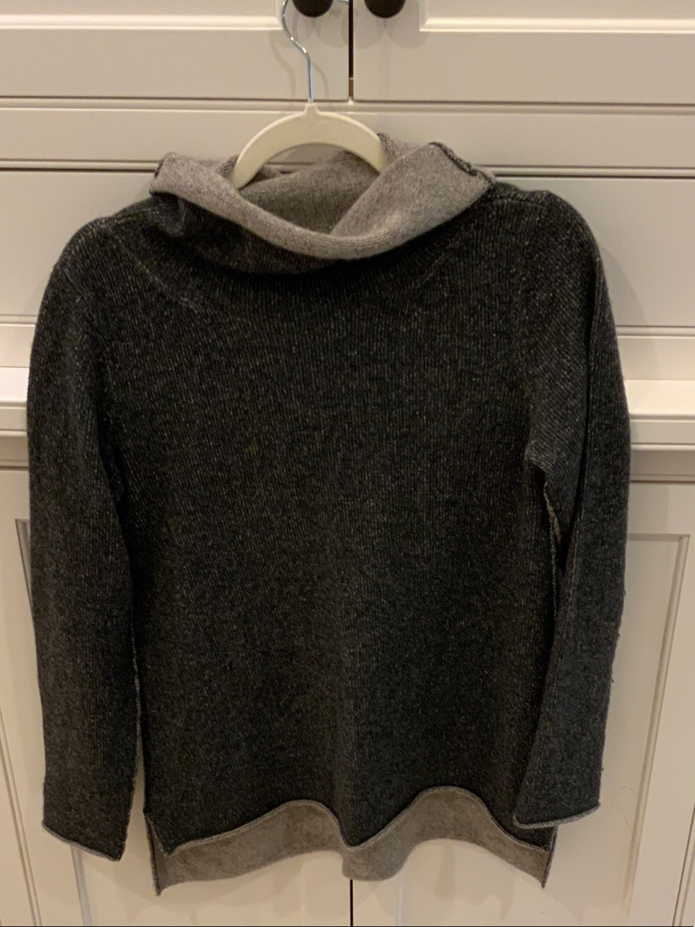 Eileen Fisher Dark Gray Reversible Cowl Neck Sweater with Light Gray Trim
